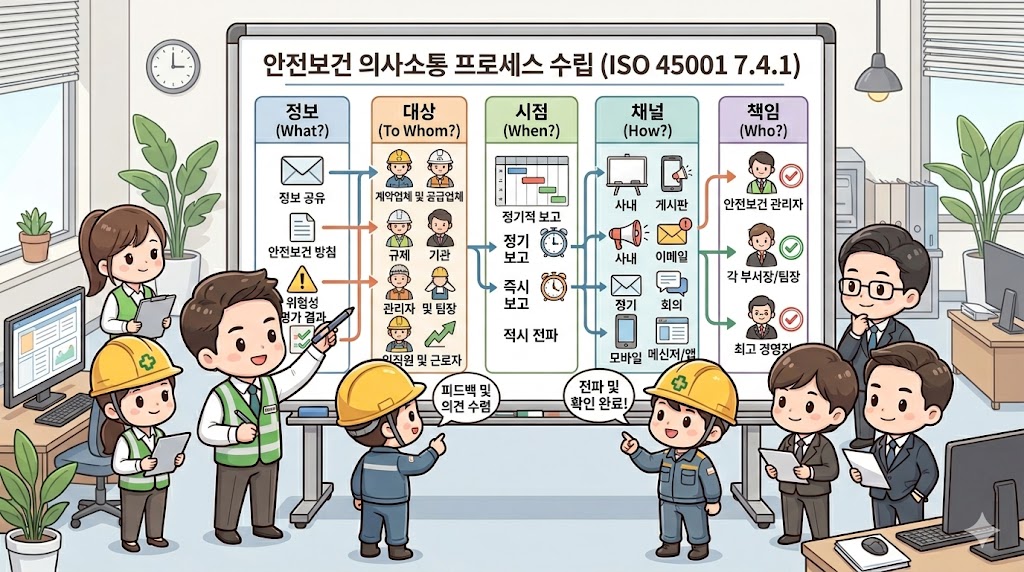 ISO 45001/45002 7.4.1 일반사항: 안전보건 정보가 조직 내부 근로자와 감독자, 도급업체, 방문객, 외부 이해관계자 사이에서 적절한 채널을 통해 흐르는 모습