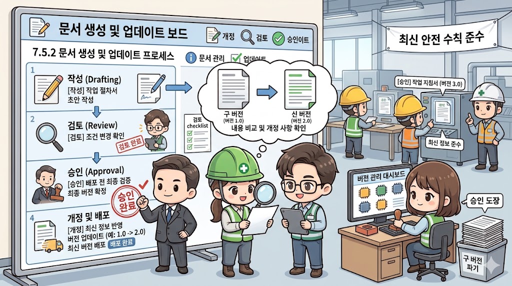 ISO 45001/45002 7.5.2 문서화된 정보의 작성 및 업데이트: 현장과 사무실에서 필요한 문서가 적절한 형식과 언어, 승인과 갱신 절차를 통해 실제로 사용되는 모습