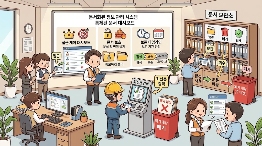 ISO 45001/45002 7.5.3 문서화된 정보의 통제: 현장에서 최신 버전 문서가 올바른 위치에 비치되고 오래된 문서는 명확히 구분되어 관리되는 모습