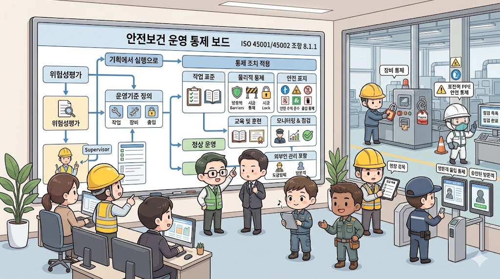 ISO 45001/45002 8.1.1 운영 기획 및 통제 일반사항: 위험과 요구사항을 실제 작업, 공정, 설비, 사람, 외주, 방문객 관리로 연결하는 현장 운영 통제 장면