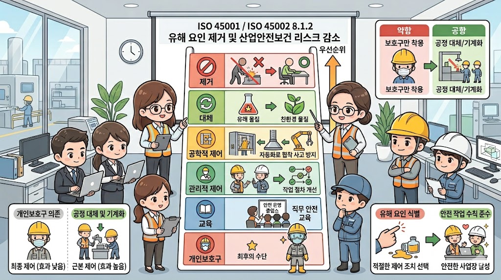 ISO 45001/45002 8.1.2 유해요인 제거 및 OH&S 리스크 감소: 제거, 대체, 기술적 통제, 관리적 통제, 보호구 순서로 더 강한 통제를 우선 적용하는 장면