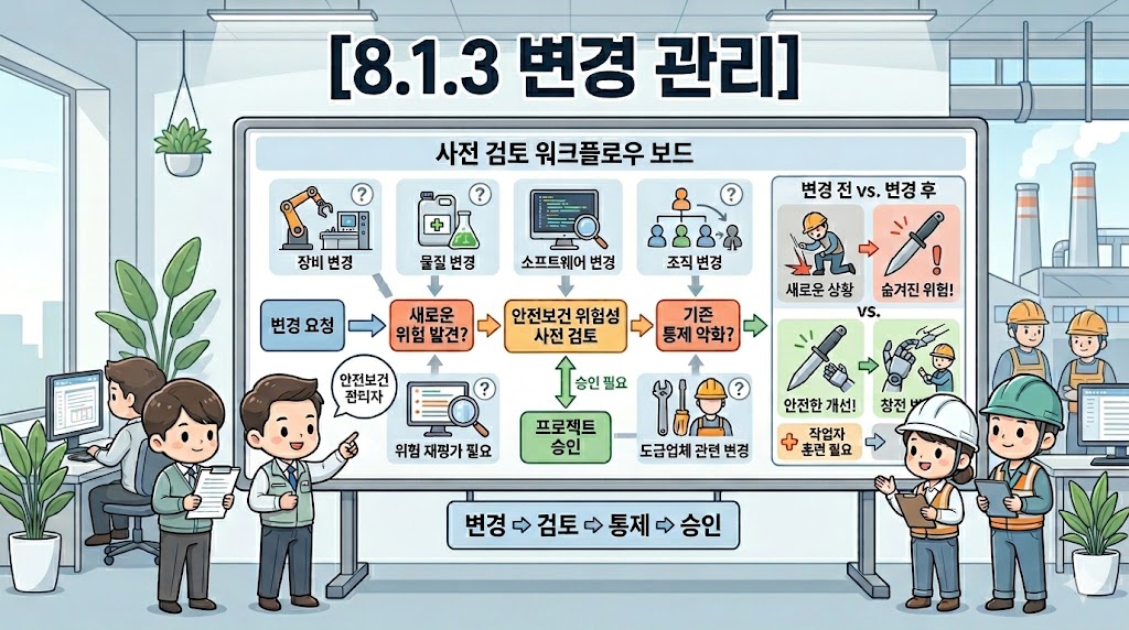 ISO 45001/45002 8.1.3 변경 관리: 설비, 공정, 자재, 조직, 외주 변경 전 위험을 사전 검토하고 승인하는 장면
