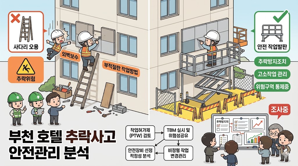 부천 호텔 사다리 추락사 안전관리 분석: 외벽 보수 작업 중 높은 위치에서 사다리 작업이 이뤄지는 장면과 작업발판, 추락방호, 작업허가서, 현장 브리핑 필요성을 함께 보여주는 대표 이미지
