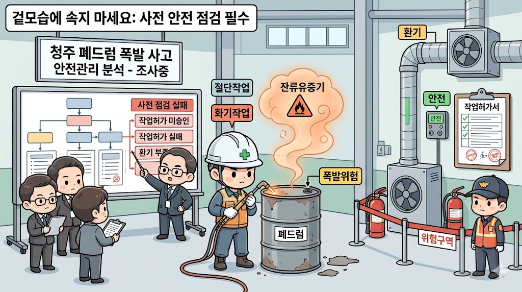 청주 폐드럼 폭발 사망사고 안전관리 분석: 공장 작업자가 폐드럼 절단 작업을 준비하는 장면과 잔류 유증기 위험, 화재위험작업 통제, 환기, PTW, 비정형 작업 관리 필요성을 함께 보여주는 대표 이미지