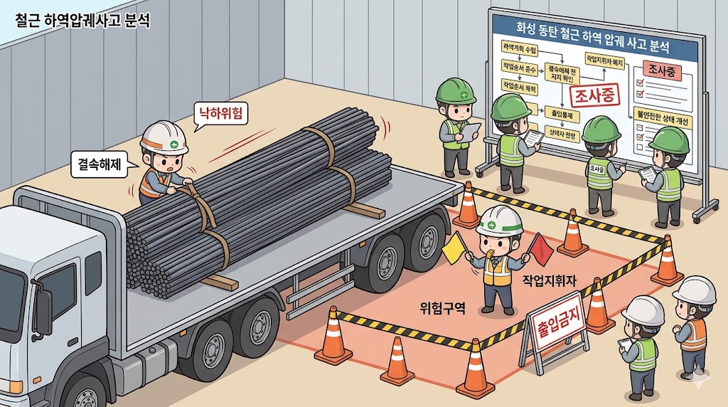 화성 동탄 철근 하역 사망사고 안전관리 분석: 공사현장에서 화물차 적재 철근 더미를 하역하는 장면과 결속 해제, 위험구역 통제, 작업지휘, 중량물 안정성 확인 필요성을 함께 보여주는 대표 이미지