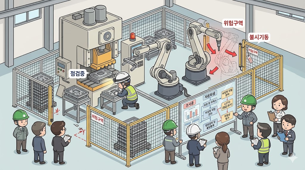 함안 자동차부품 공장 사망사고 안전관리 분석: 자동화 로봇·프레스 공정에서 설비 점검 중 작업자가 위험구역에 접근하는 순간과 방호장치, 접근통제, 불시기동 방지 쟁점을 함께 보여주는 대표 이미지