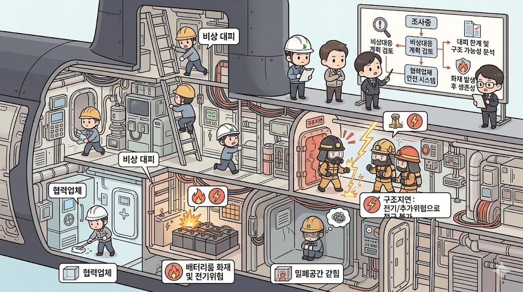 HD현대중공업 홍범도함 화재 안전관리 분석: 창정비 중인 잠수함 밀폐공간 내부에서 배터리·전기계통 위험, 대피와 경보, 구조 지연, 협력업체 작업 통제 쟁점을 함께 보여주는 대표 이미지