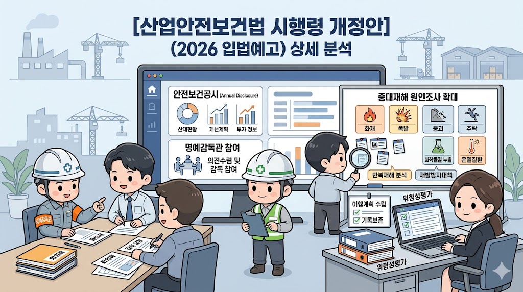 산업안전보건법 시행령 개정안 2026 분석: 안전보건 공시 대시보드, 명예산업안전감독관 회의, 재해 원인조사 보드, 위험성평가 문서를 함께 검토하는 실무 장면을 보여주는 대표 이미지