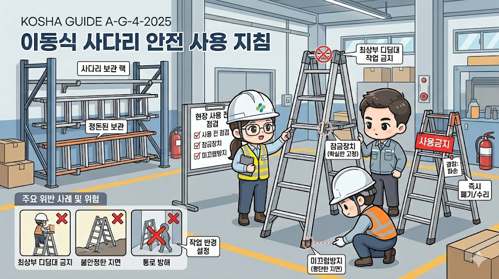 KOSHA GUIDE A-G-4-2025 3편 대표이미지, 이동식 사다리의 잠금장치와 발판, 미끄럼방지 발끝을 점검하고 보관 랙과 위반사례를 비교하는 한국형 산업안전 일러스트