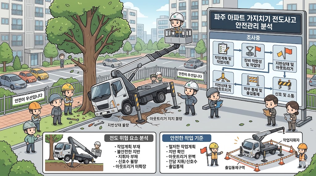파주 아파트 가지치기 전도사고 안전관리 분석: 아파트 단지 수목 가지치기 작업 중 작업대가 함께 사용된 차량탑재형 장비, 지반 상태, 아웃트리거, 작업지휘와 신호체계 필요성을 함께 보여주는 대표 이미지