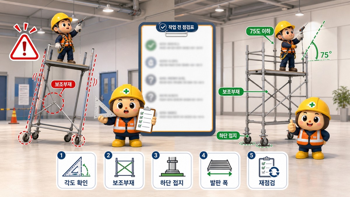 제67조(말비계): 지주부재와 수평면의 기울기는 75도 이하로 하고 지주 사이 보조부재를 설치해야 벌어짐과 전도를 줄일 수 있습니다.