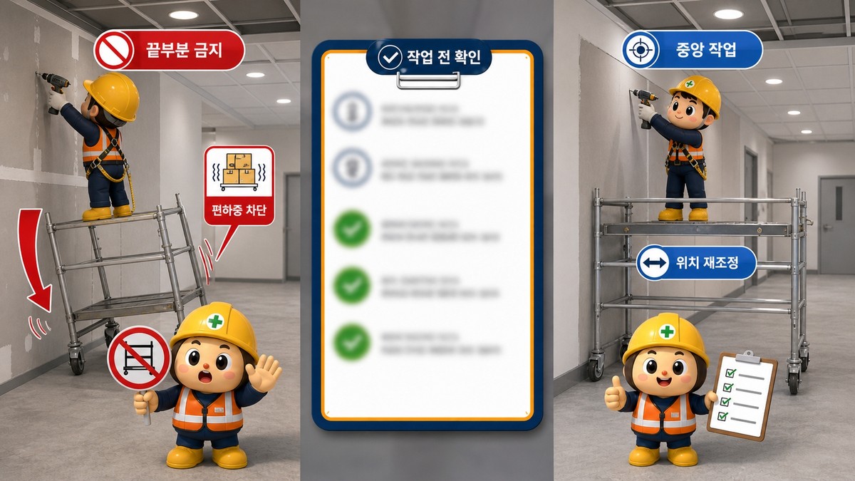 제67조(말비계): 말비계 양측 끝부분에 올라서면 편하중과 전도 위험이 커지므로 작업 위치를 조정해 발판 중앙에서 작업해야 합니다.