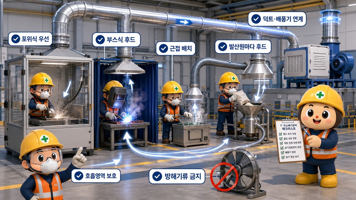 제72조(후드): 국소배기장치 후드는 분진등 발산원마다 설치하고 포위식·부스식 우선, 외부식·리시버식은 발산원 근접 배치가 핵심입니다.