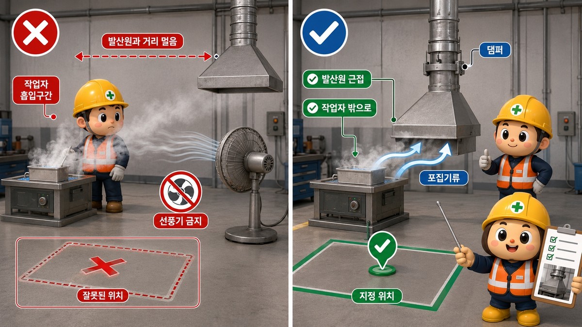 제72조(후드): 외부식 또는 리시버식 후드는 발산원에 가장 가까이 두고 작업자 호흡영역을 지나가기 전에 분진등을 포집해야 합니다.