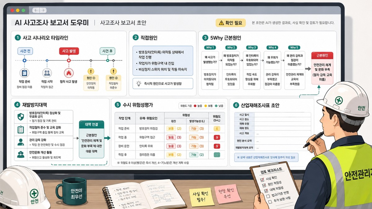 사고 시나리오 타임라인과 5Why 근본원인, 재발방지대책, 위험성평가 표가 함께 보이는 보고서 화면