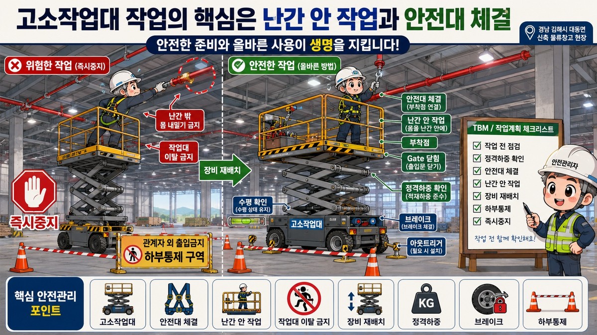 경남 김해 물류센터 스프링클러 설치 중 고소작업대 추락 사망사고 안전관리 분석 대표 이미지