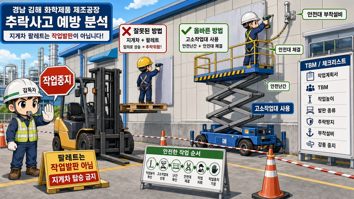 경남 김해 화학제품 제조사업장 지게차 포크 위 팔레트 추락 사망사고 안전관리 분석 대표 이미지