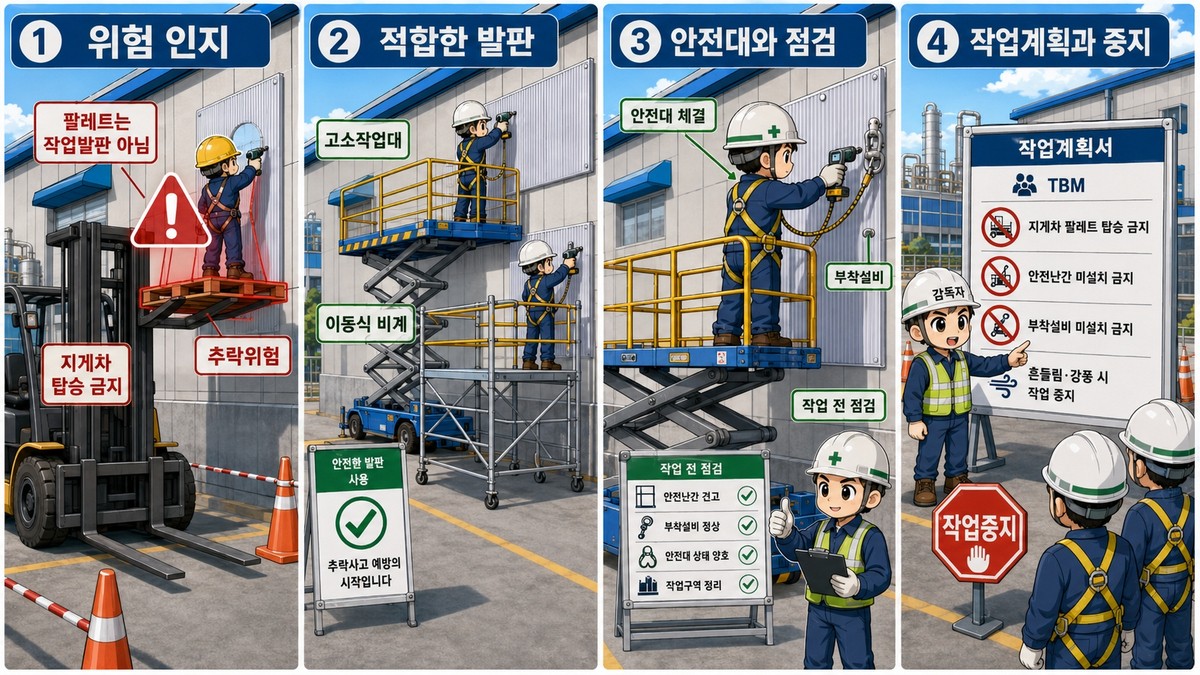경남 김해 화학제품 제조사업장 지게차 포크 위 팔레트 추락 사망사고 예방 4컷 안전관리 이미지