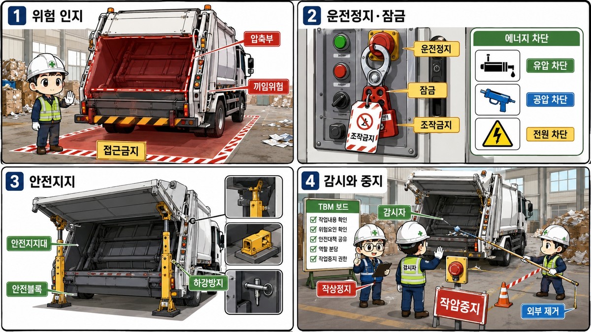 부산 사상구 재활용업체 청소차 적재함 개폐문 끼임 사망사고 예방 4컷 안전관리 이미지