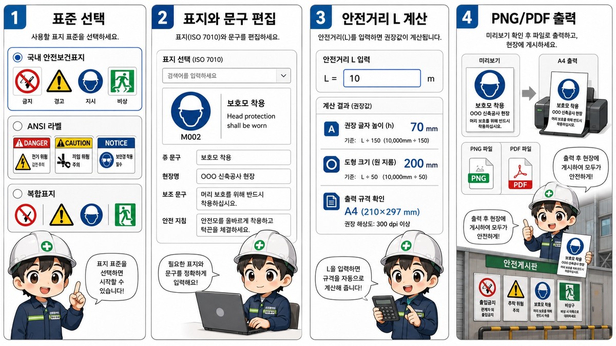 표준 선택부터 표지 선택, 문구 편집, 안전거리 계산, PNG PDF 출력까지 이어지는 안전표지 생성기 흐름