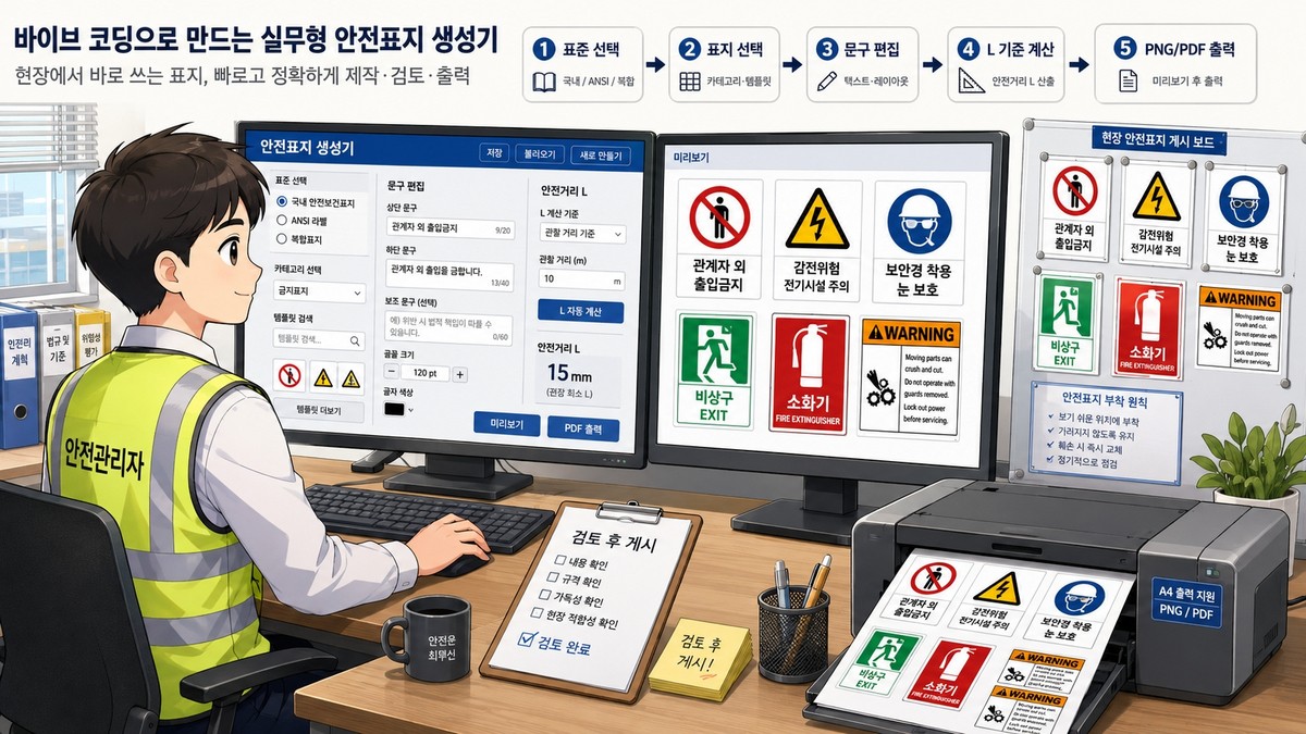 국내 안전보건표지 ISO 7010 ANSI 라벨 복합표지 PDF 출력을 한 화면으로 정리한 안전표지 생성기 요약 이미지