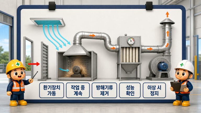 환기장치 가동 교육판: 분진 발생원에서 후드·덕트·필터·배풍기·실외 배출로 이어지고 조정판이 방해기류를 막는 흐름