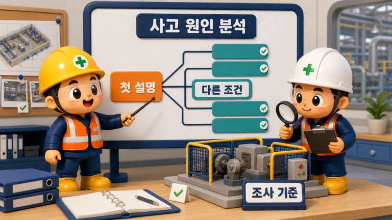 사고 원인 분석 회의에서 단순 설명과 시스템 조건을 함께 비교하는 안전관리자와 현장 작업자