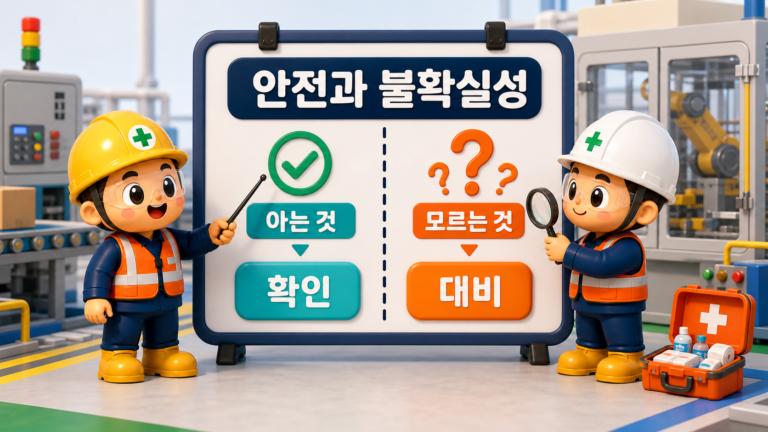 안전과 불확실성 관점에서 아는 조건과 모르는 조건을 나누고 확인과 대비를 논의하는 안전관리자