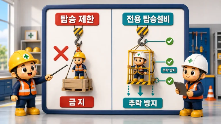 탑승 제한 대상인 일반 크레인 인양과 전용 탑승설비의 추락방지 조치를 비교한 제86조 관리 흐름