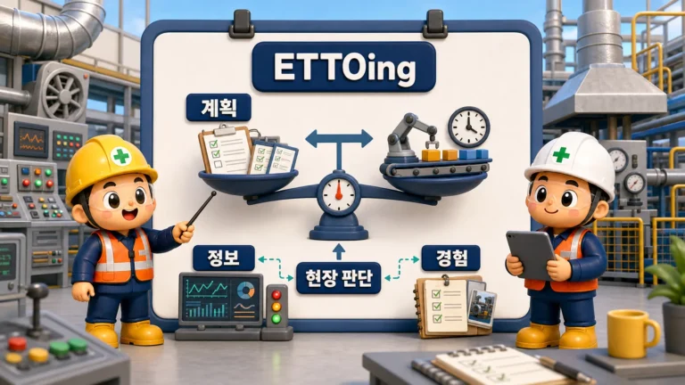 계획표와 경보 화면, 과거 작업 기록을 함께 보며 ETTOing 판단을 조정하는 작업자와 관리감독자