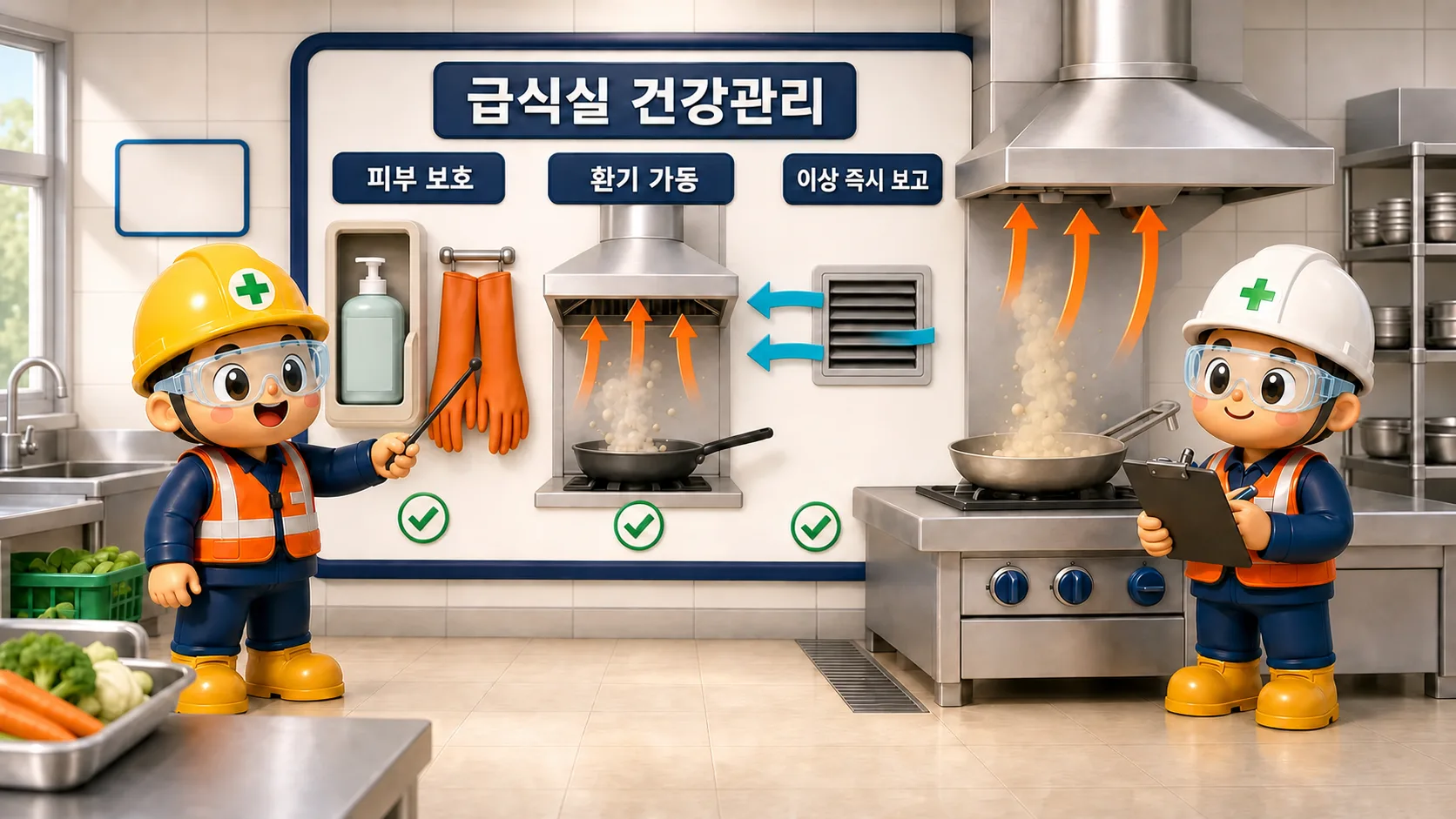 급식실 건강관리를 위해 세척제 피부 보호와 조리흄 환기 가동 상태를 함께 확인하는 클레이 카툰 장면
