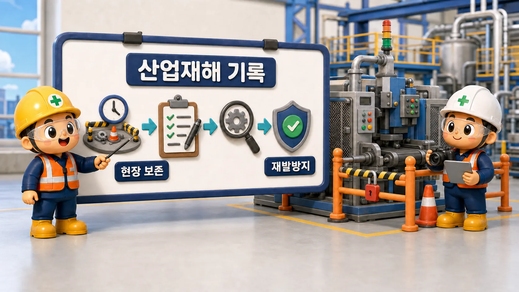 산업재해 기록과 보고를 위해 현장을 보존하고 원인과 재발방지 계획을 연결하는 장면