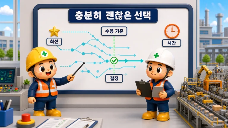 제한된 시간 안에 수용 기준과 여러 대안을 보며 만족화 의사결정을 하는 작업자와 관리감독자