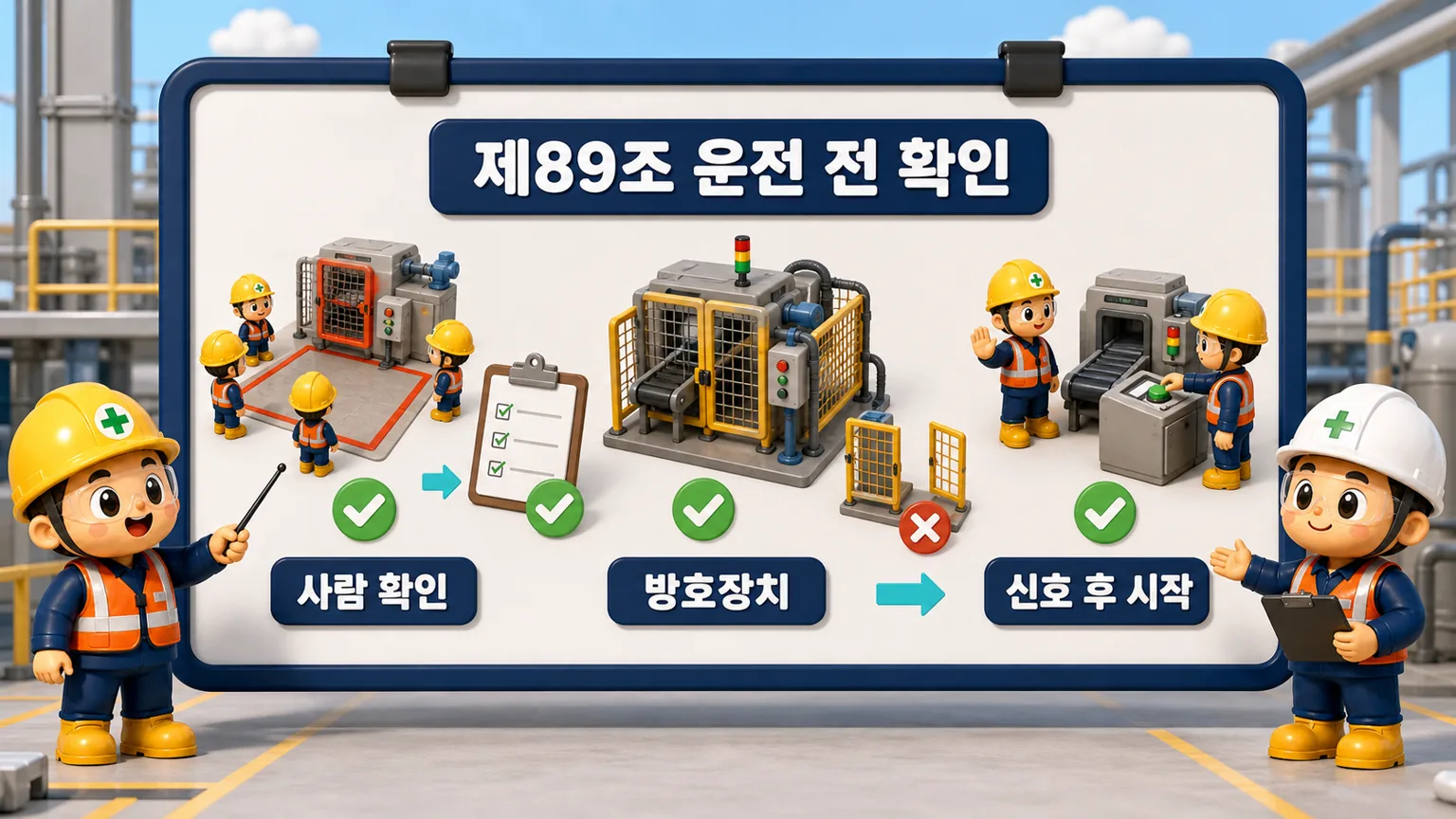운전 전 확인으로 사람·방호장치·신호 상태를 확인한 뒤 기계를 시작하는 제89조 절차