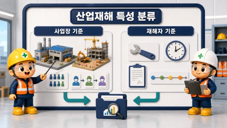 산업재해 특성 분류에서 사업장 기준과 재해자 기준을 나누어 확인하는 장면