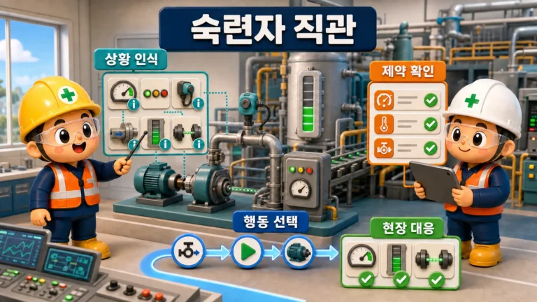 숙련자 직관이 상황 인식과 행동 선택을 거쳐 제약을 확인하고 현장 대응으로 이어지는 모습