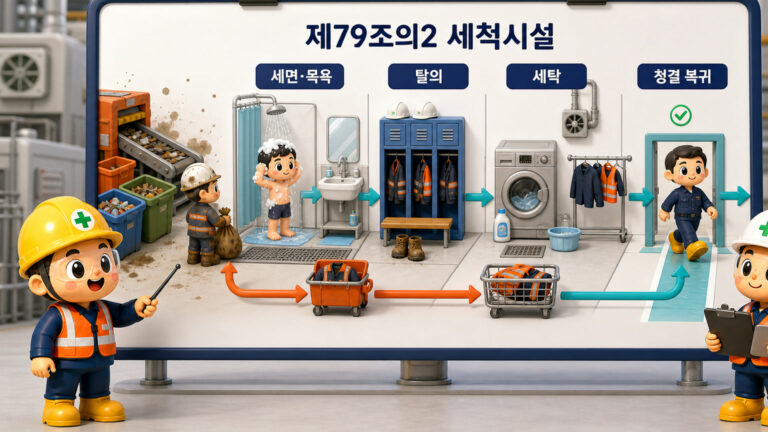 세척시설을 오염 구역에서 세면·목욕, 탈의, 세탁을 거쳐 청결 복귀로 연결한 제79조의2 동선