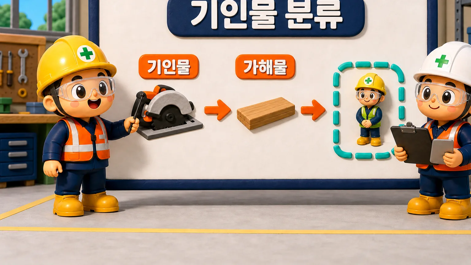 산업재해 기인물 분류에서 에너지원인 기인물과 직접 접촉한 가해물을 구분하는 교육 장면