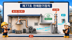 제77조 전체환기장치: 분진등 발산원 가까운 위치에서 배기하고 실외로 배출해 작업장 재유입을 막는 전체환기 구조