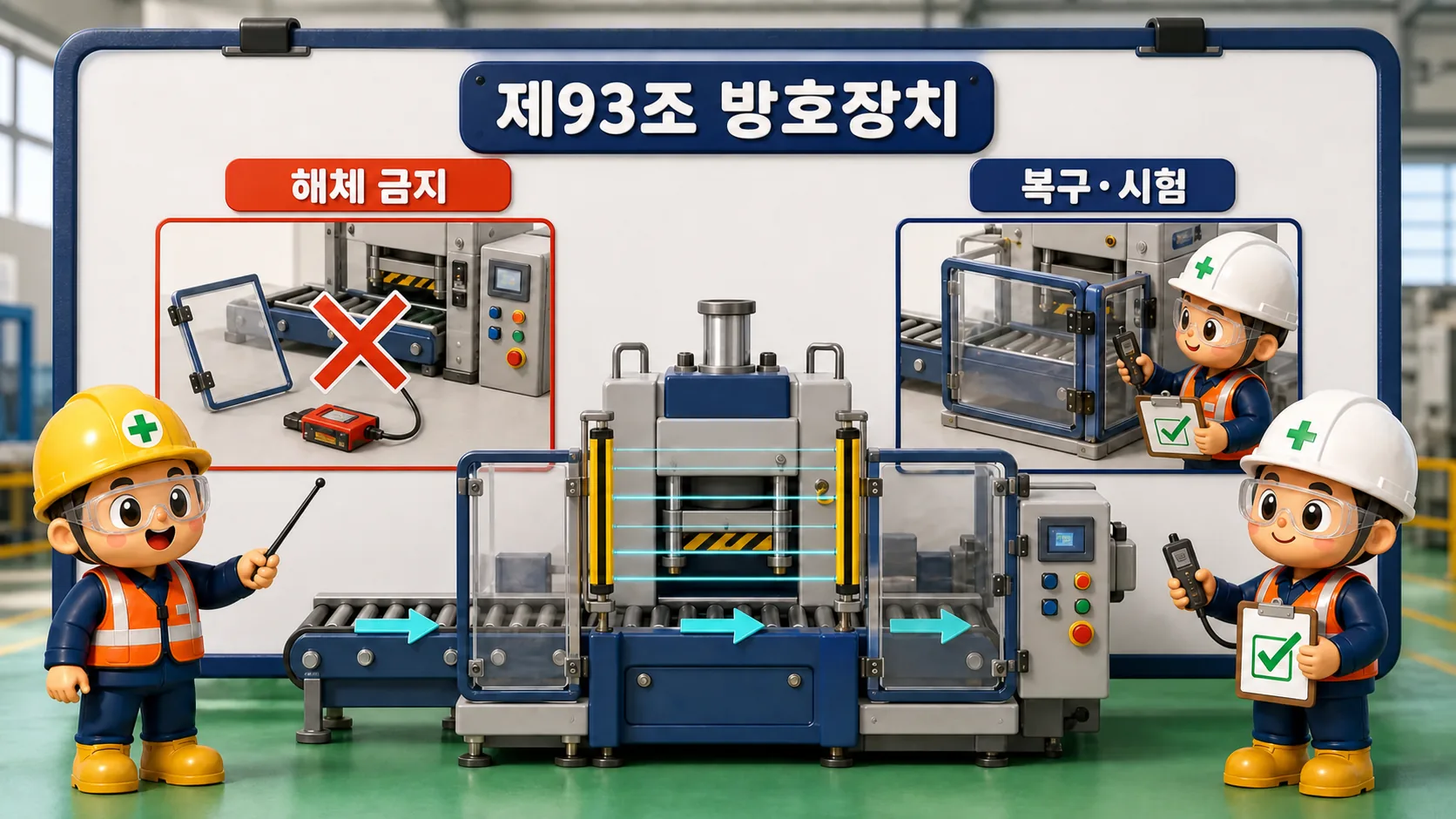 방호장치 해체를 금지하고 수리 뒤 복구와 기능시험을 확인하는 제93조 현장