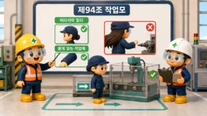 작업모로 긴 머리카락을 넣고 몸에 맞는 작업복으로 동력기계 말림을 예방하는 제94조 현장