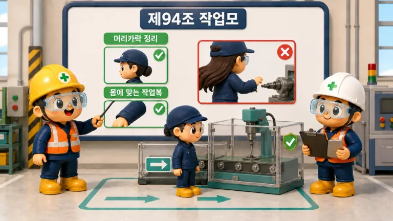 작업모로 긴 머리카락을 넣고 몸에 맞는 작업복으로 동력기계 말림을 예방하는 제94조 현장