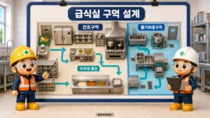 급식실 건조구역 물기허용구역과 식자재 동선을 나눈 안전설계 장면