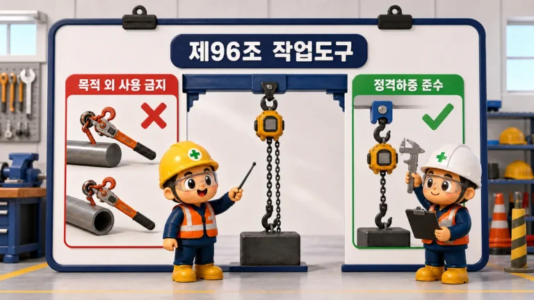체인블록의 정격하중과 레버풀러의 올바른 연결을 비교하는 제96조 작업도구 안전사용 현장