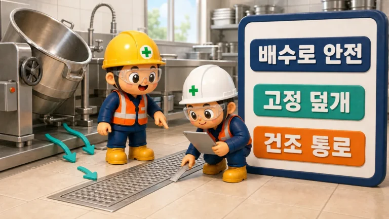 급식실 배수로 그레이팅의 고정 덮개와 건조 통로를 점검하는 장면