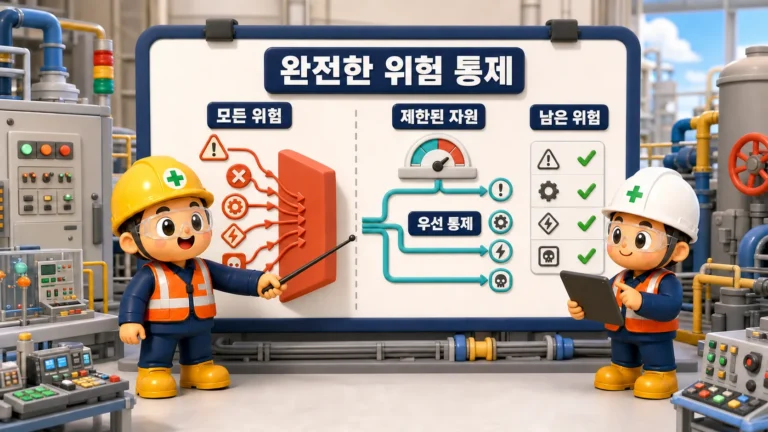 완전한 위험 통제와 제한된 자원 속 우선 통제를 비교하는 현장 관리 장면