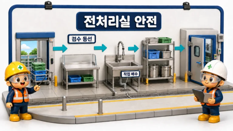 급식실 전처리실 안전을 위해 검수·세정·보관·냉장 동선을 분리한 장면