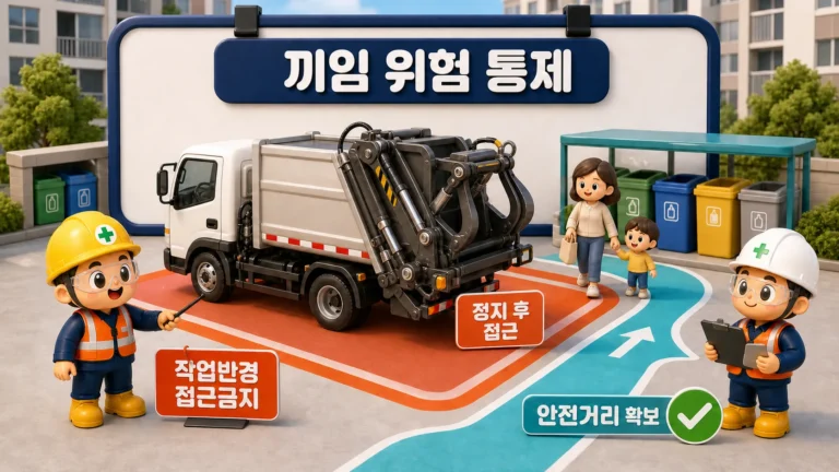 공동주택 경비원 끼임 예방을 위한 재활용 수거차량 작업반경 통제 장면
