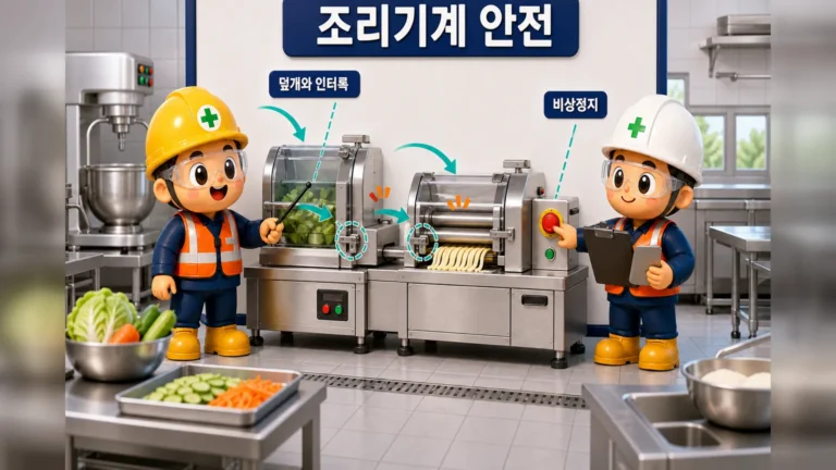 급식실 조리기계 안전을 위해 덮개와 인터록, 비상정지장치를 확인하는 현장