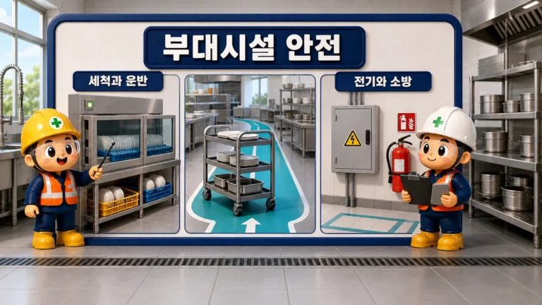 급식실 부대시설 안전을 위해 세척과 운반 동선, 전기와 소방 설비를 함께 확인하는 장면